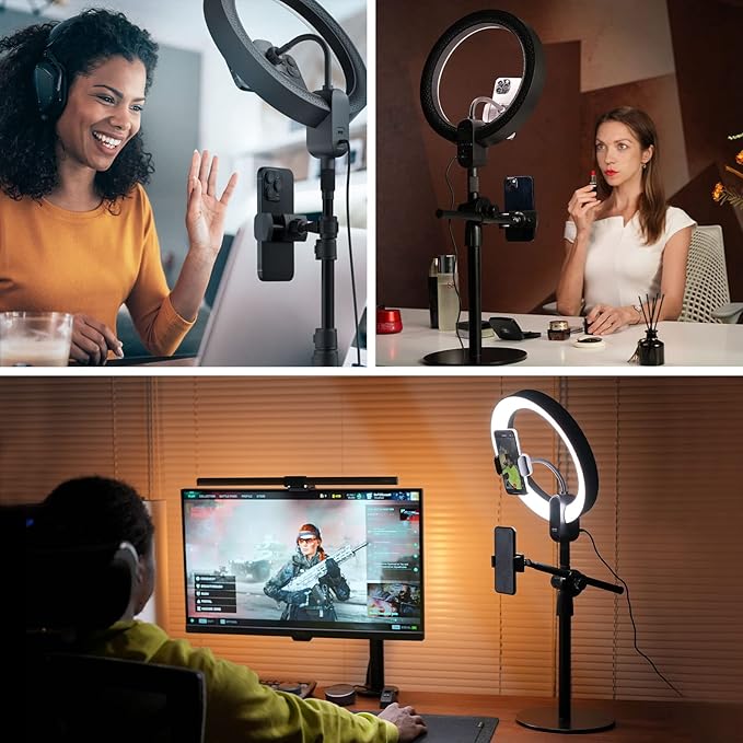 12" Ring Light with Stand and Phone Holder,Overhead Phone Stand,2 Phone Holders,2700-6500K,3 Color Modes,10 Brightness Levels,Remote Control,Adjustable,Live Stream,Tiktok/YouTube