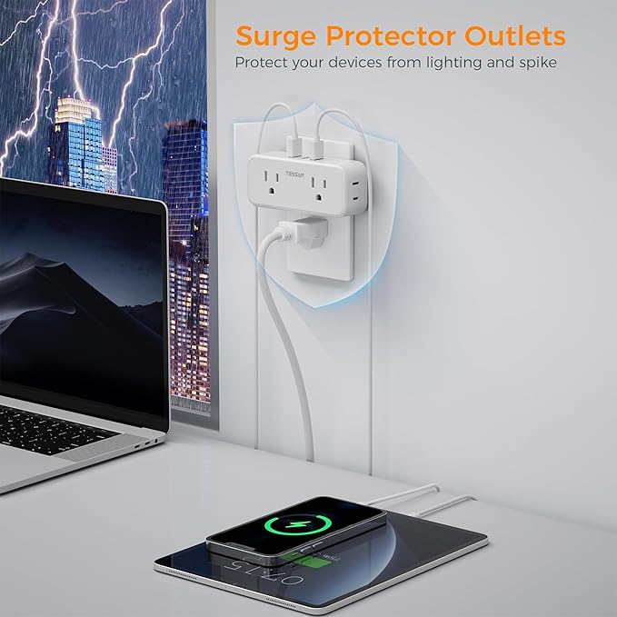 Multi Plug Outlet Splitter with USB, TESSAN 4 Electrical Multiple Outlet Extender with 3 USB Ports, Mini Double Plug Expander Surge Protector for Home, Office, Kitchen, Dorm Essentials, White