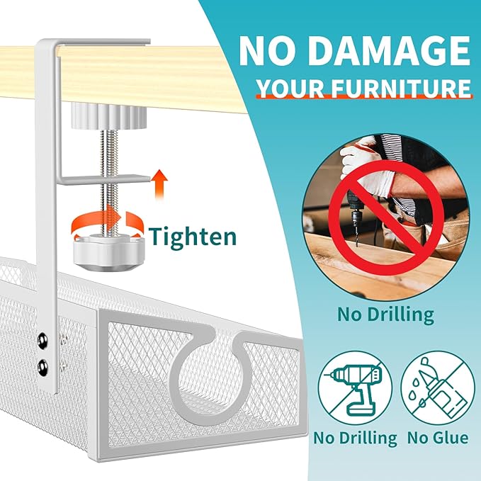 Under Desk Cable Tray White, No Drill Cable Organizer with Clamp for Wire Management, PC Cord Organizer & Workspace Accessories for Office, Home
