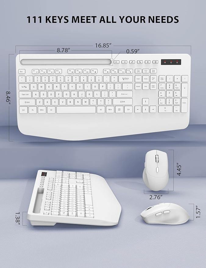 Wireless Keyboard and Mouse Combo - Full-Sized Ergonomic Keyboard with Wrist Rest, Phone Holder, Sleep Mode, Silent 2.4GHz Cordless Keyboard Mouse Combo for Computer, Laptop, PC, Mac, Windows,White