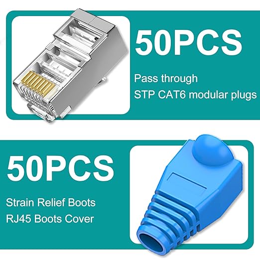 50-Pack Cat 6 Shielded Pass Through RJ45 Connectors + 50Pack RJ45 Strain Relief Boots, 8P8C Modular Ethernet STP Network Cable Plug End for Cat6 Cat5e