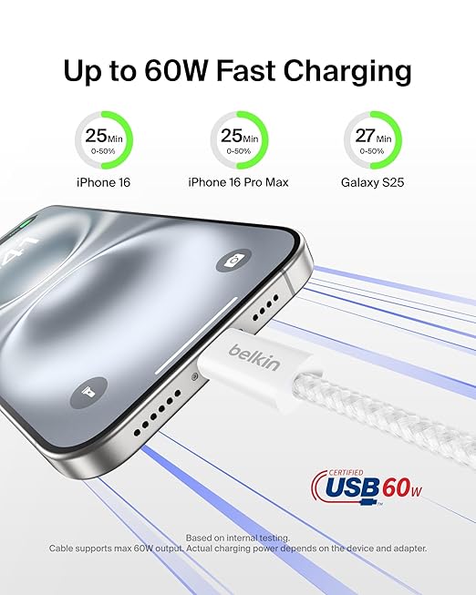 Belkin USB C to USB C Cable, 6.6ft, 60W - Type C Charger, iPhone Charger Cord, Soft, Braided, Flexible for iPhone 16, Galaxy S25, Pixel 9, Airpods, iPad Pro, Tablet & More, Travel Essentials - White