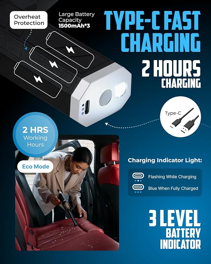 Owleys Portable Car Vacuum Cleaner “CrossClean 2-in-1 Vacuum & Air Blower | 120W High-Power | 8 Attachments | 12V Rated Voltage | Cordless, Lightweight & Rechargeable via Type-C Cable