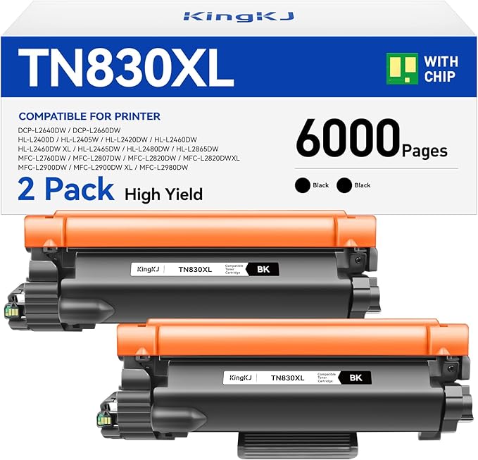 TN830XL Toner Cartridge Black 2-Pack High Yield Replacement for Brother TN830XL TN830 XL Compatible for HL-L2460DW HL-L2405W HL-L2480DW MFC-L2820DW DCP-L2640DW MFC-L2900DW HL-L2400D Laser Printer Ink