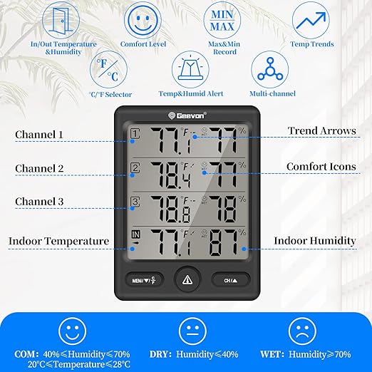 Geevon Indoor Outdoor Thermometer Wireless with 3 Remote Sensors, Digital Hygrometer Thermometer, Wireless Temperature Humidity Monitor Gauge with 200FT/60M Range (Black)