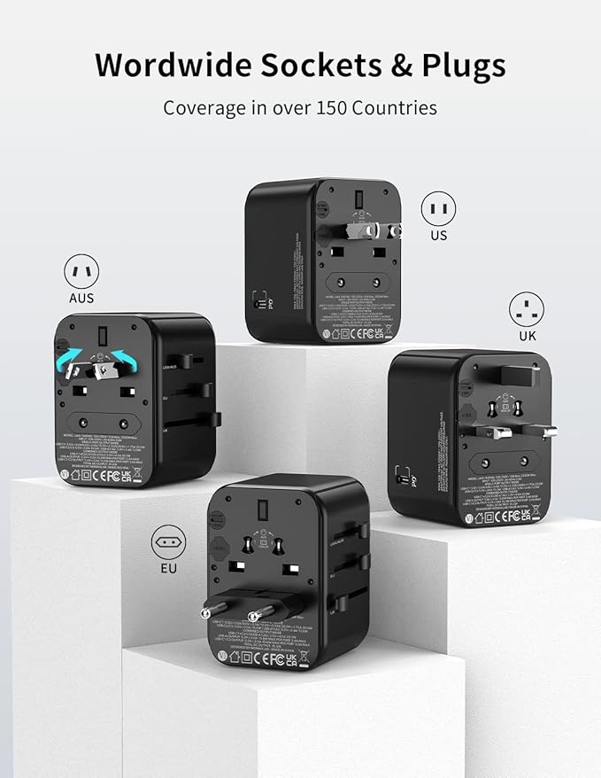 MOMAX Universal Travel Adapter, PD 35W Fast International Power Adapter, 3 USB C & 2 USB A, Worldwide Travel Plug Adapter, International Power Adapter for Europe, USA, Japan, Australia (Type C/A/G/I)