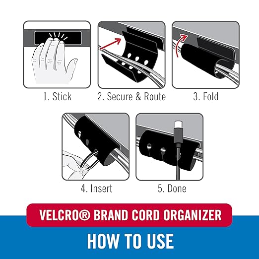 VELCRO Brand Cord Organizer for Desk & Nightstand, 5 Cable Slots with Sleeve Routing, Adhesive Wire Holder for Cord Management, Home, Workshop, Gaming & Office Essentials, Black 2 Pack