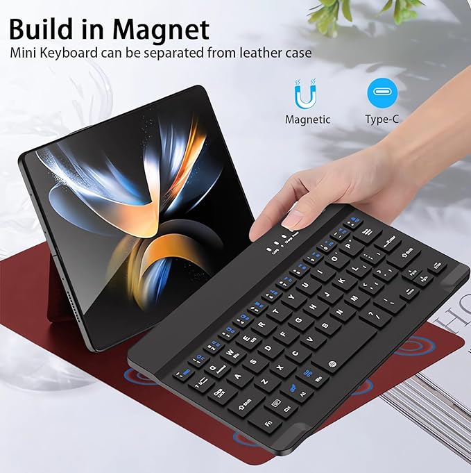 for Samsung Galaxy Z Fold 7 6 5 Keyboard and Mouse, Portable Mini 7.9 inch Bluetooth Keyboard with Leather Case and Capacitive Pen, 4 in 1 Set for Z Fold7 6 Accessories