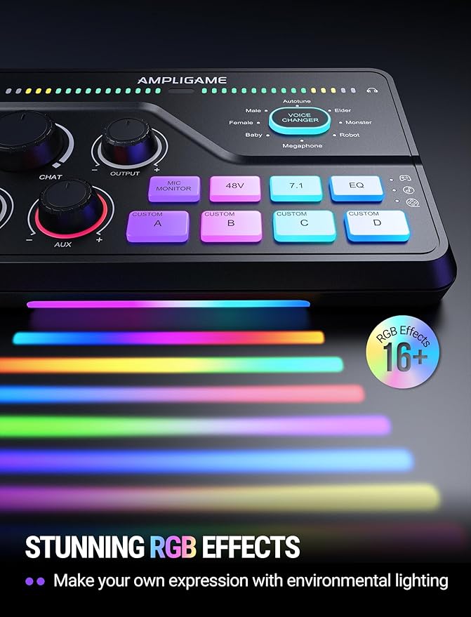 Fifine Gaming Audio Mixer for 7.1ch Surround Sound Headphone Amp-Volume Control-Voice Chat and Streaming-XLR Mic Preamp-USB Plug&Play-Voice Changer-RGB-3 EQ Modes Ampligame SC8