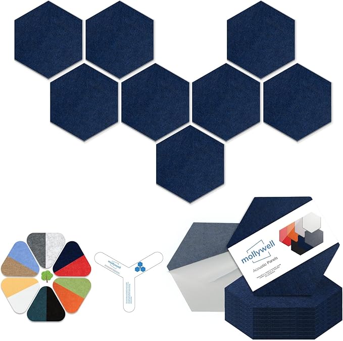 Mollywell Hexagon Acoustic Panels, High Density, Soundproofing, Decorative Noise Reduction Felt Wall Tiles for Ceilings, Home Office & Gaming Room (Deep Blue), 12x10x0.4 Inch