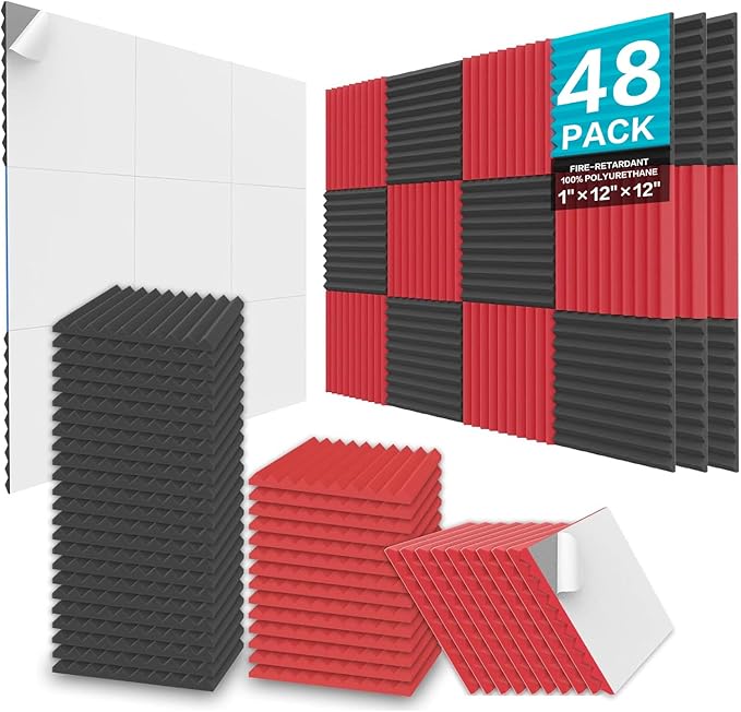JBER 48 Pack Acoustic Foam Panels, 1" X 12" X 12" Upgraded Self-Adhesive Studio Soundproofing Wedges Fire Resistant Sound Proof Padding Acoustic Treatment Foam - Black & Red