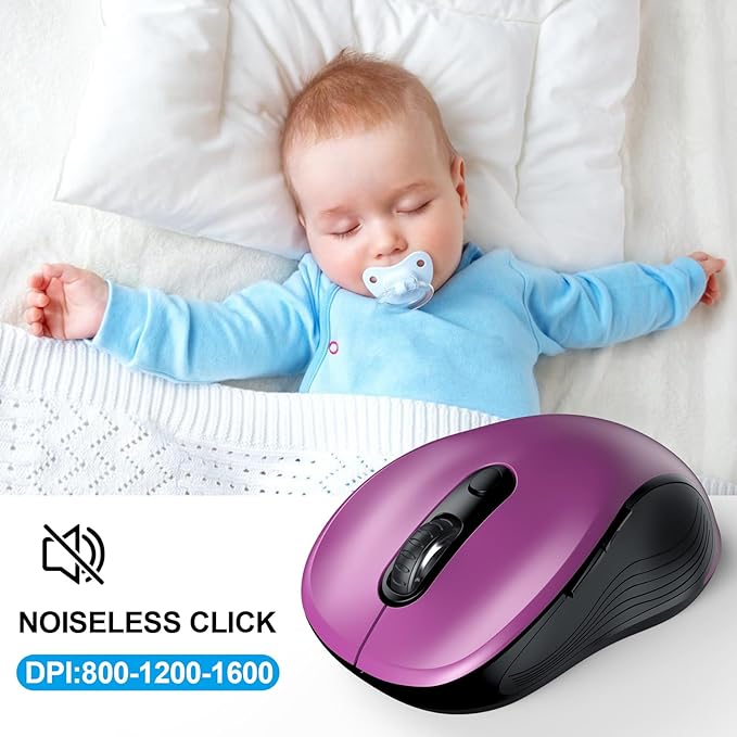 WisFox 2.4G Wireless Mouse for Laptop, Ergonomic Computer Mouse with USB Receiver and Type-C Adapter, 3 Adjustable Levels, 6 Button Cordless Wireless Mice for Windows Mac PC Notebook (Purple)