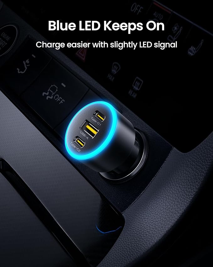 PISEN 60W 3-Port USB C Car Charger - PD30W & QC3.0 Fast Charging, Multi Device Compatible, LED Indicator, Durable Design, Safety Certified for iPhone 16/15/14/13/12 Series