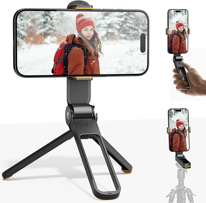 TODI Phone Tripod, Foldable Mini Desk Stand with 360° Phone Holder & Cold Shoe, Pocket Travel Tripod for iPhone, Portable Selfie Stick Handle Grip Compatible with iPhone/Android