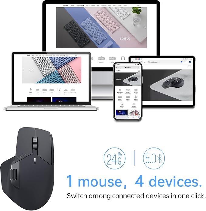 Rapoo MT760Mini Bluetooth Wireless Mouse - Bluetooth 5.0 and 2.4GHz Multi-Mode Connection, Support 4 Devices, M+ Cross Computer Technology, 11 Programmable Buttons, Matte Black