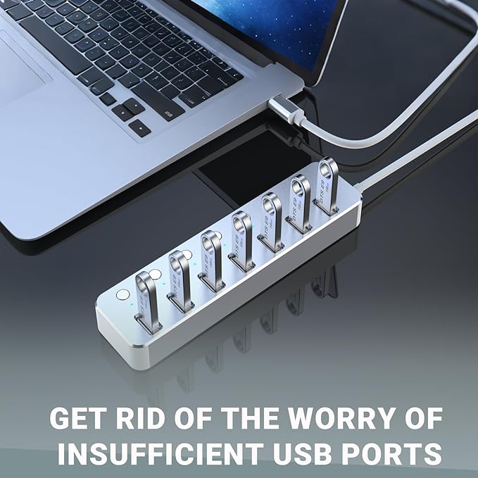 USB 3.0 Hub 7 Port USB Hub with 2ft Long Cable Aluminum USB Hub for Laptop and PC with Individual On/Off Switch and LED Indicator