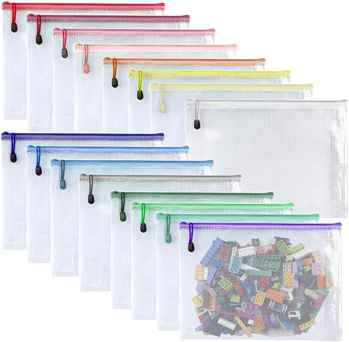Oaimyy-16 PCS-8 x 10 inches-Mesh Zipper Pouch, Plastic Zip File Folders Puzzle Bags for Organizing,for Office Supplies,Travel,Home Storage-Multicolor