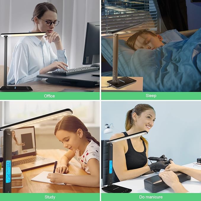 Desk Lamp with Wireless Charger，USB Charging Port, Dimmable Office Desk Light with Clock, Alarm, Date, Temperature, Foldable Lamp for Table Bedroom Bedside Office (Black, Standard Size-13.3 inch)