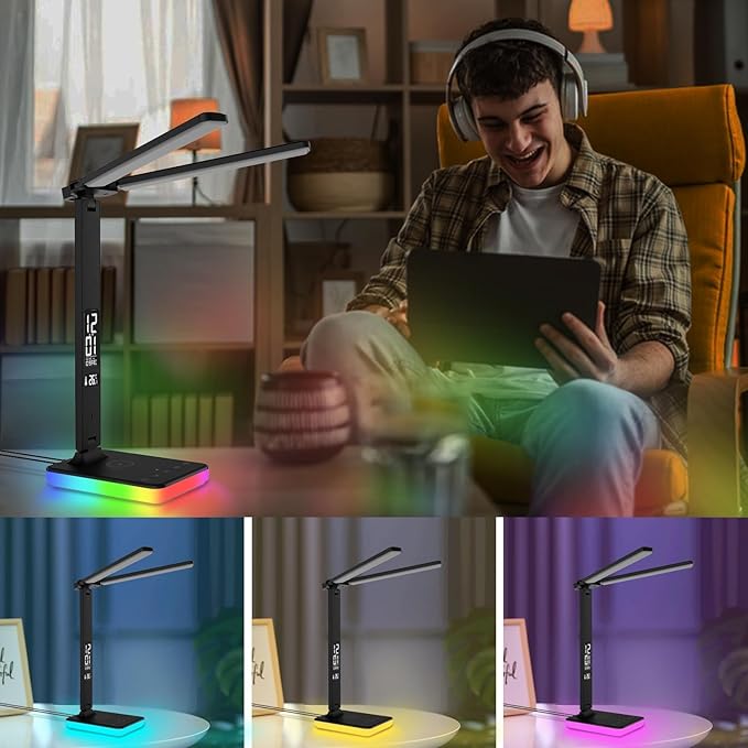 LED Desk Lamp with Charger, USB Charging Port, Dual Swing Arm Desk Light with 5 Brightness, 3 Colors, Table Lamp with Clock, Alarm, Date, Temperature, Desk Lamp for Home Office Study (Black)