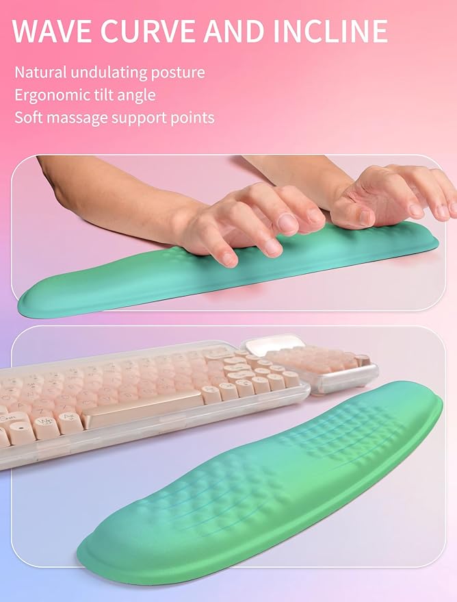 Hokafenle 2in1 Combination, Wave Keyboard Wrist Rest and Ergonomic Curvature Mouse Pad Wrist Support for Relieve Wrist Pain, Filled with Soft Cushion Memory Foam, Gradient Green
