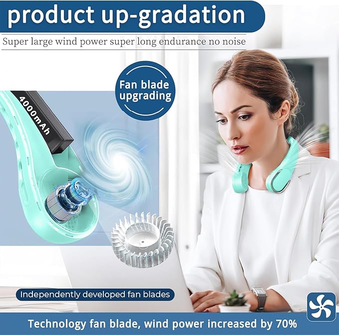 Portable Neck Fan, Neck Fans for Women, 4000 mAh Rechargeable Personal Fan,360° Hands Free Bladeless Fan, 3 Speeds Adjustable, Faster Cooling, Super Quiet, Suitable for Home, Office, Travel