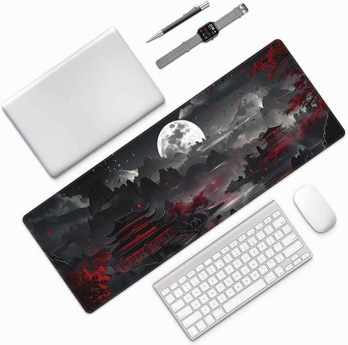 Extended Gaming Mouse Pad, Large Desk Mat XL Anime Mouse Pad Waterproof with Stitched Edges, Non-Slip Desktop Pad for Home and Office, Level Up Your 31.5x11.8 Inch (Night Lake)