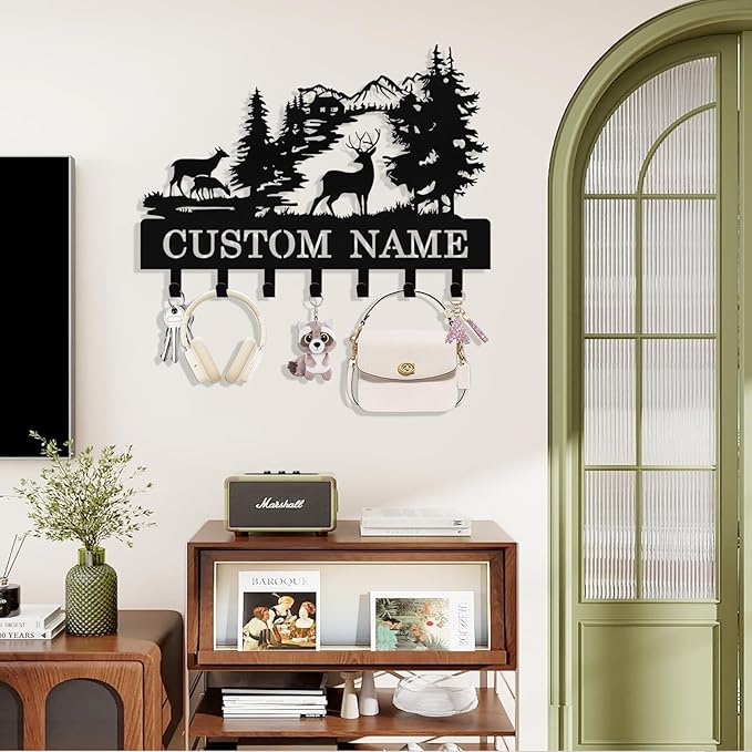 Personalized Deer Key Holder Wall Mount, Custom Metal Key Rack Key Holder with Name, Deer Cabin Wall Keys Hanger with Hooks for Entryway, Front Door, Hallway, Kitchen, Living Room