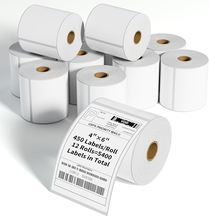 FungLam 4"x6" Direct Thermal Shipping Labels, 450 Labels Per Roll, 12 Rolls,1" Core, Perforated, White Mailing Postage Shipping Label Compatible with Zebra 2844 ZP-450 ZP-500 ZP-505