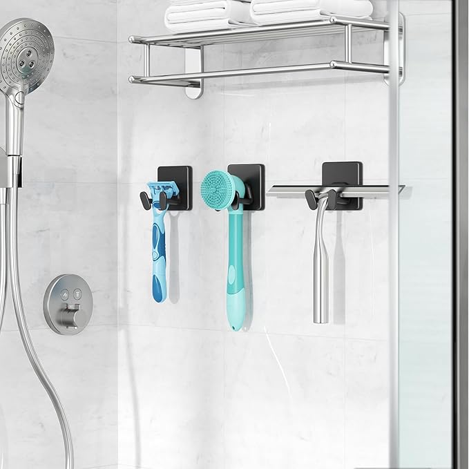 Adhesive Shower Hooks for Inside - Extra Sticky Stainless, Razor Holder Shower Accessories, Wall Mounted Self-Adhesive Double Hooks for Razor, Loofah, Towel, Shaver, Coat, Key, Matt Black, 4-Pack