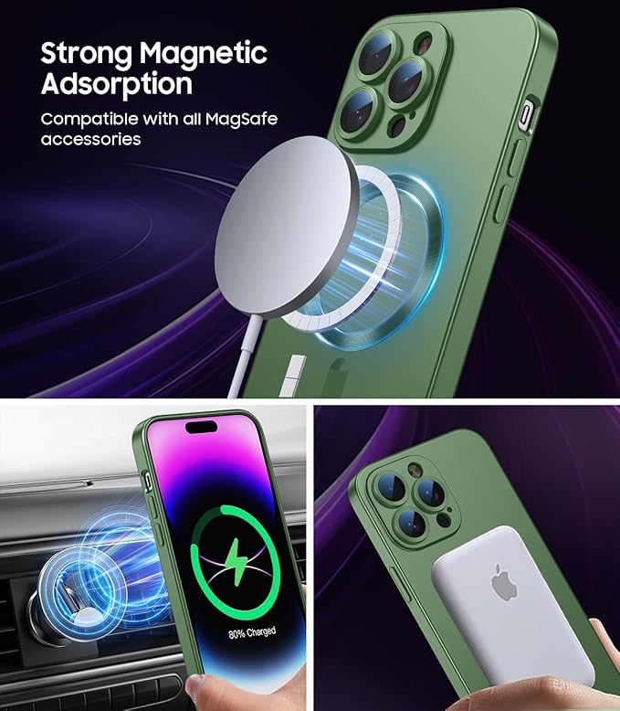 Magnetic for iPhone 14 Pro Max Case [Compatible with MagSafe][Built-in Camera Lens Protector] Slim Soft TPU Bumper Shockproof Metallic Luster Phone Case (Green)