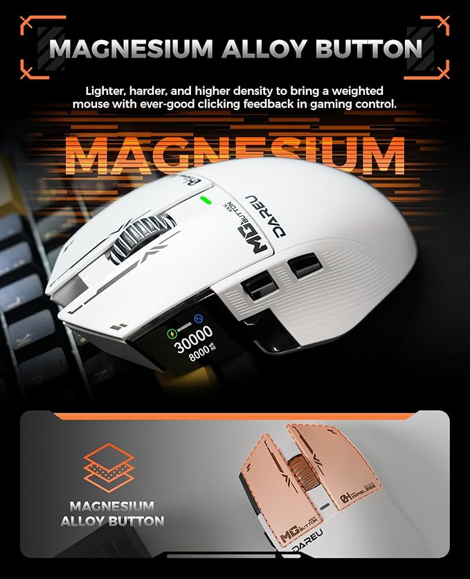 DAREU A980PROMAX Wireless Gaming Mouse-4K/8K Polling-30K DPI Optical Sensor-0.85' TFT Color Display-Magnesium Alloy Buttons-2.4G Wireless/BT/USB Connectivity-Nano Receiver Included