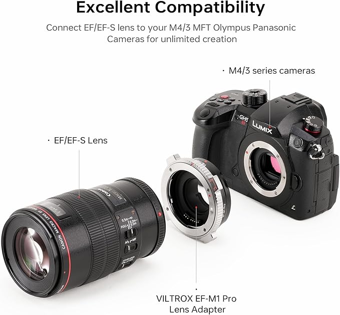 VILTROX EF-M1 Pro Lens Adapter, Auto Focus Ring Mount Adapter Lens Converter with Security Lock Compatible with Canon EOS EF/EF-S Lens to M4/3 MFT GH4 GH5 GF6 GX7 E-M5 E-M10II E-PL5 Cameras