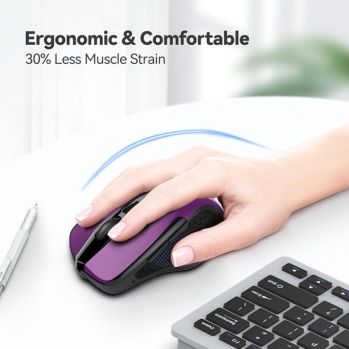 TECKNET Rechargeable Wireless Mouse,USB-A Silent Mouse, Quiet Click, 6 Adjustable 4800 DPI, Cordless Computer Mouse, Ergonomic Mouse for Laptop, 6 Buttons 2.4G Mouse for Chromebook, Ergo Grip - Purple