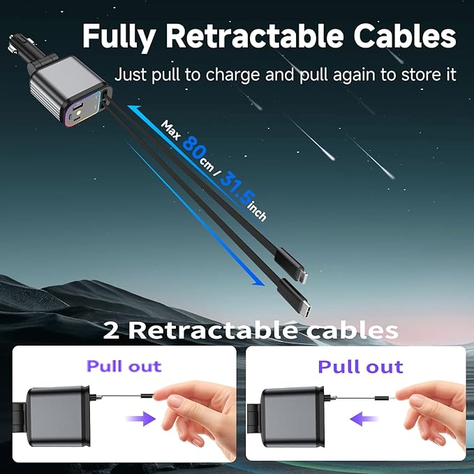 Fast Car Charger with Starlight, 4 in 1 Retractable Car Charger, 69W USB C Adapter, Cars Accessories with Starlight Roof, 2 USB Ports Phone Cars Chargers Compatible with iPhone 16 15 14 and Android