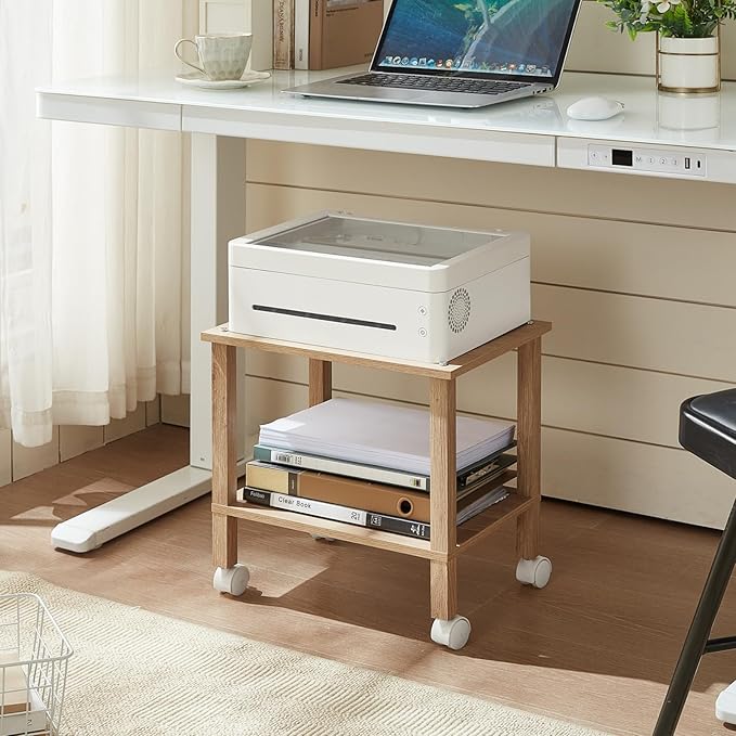 2 Tier Printer Stand with Storage,Under Desk Shelf Printer Table,Small Printer Stand with Wheels,Rolling Printer Cart for Office,Home,Wood Color