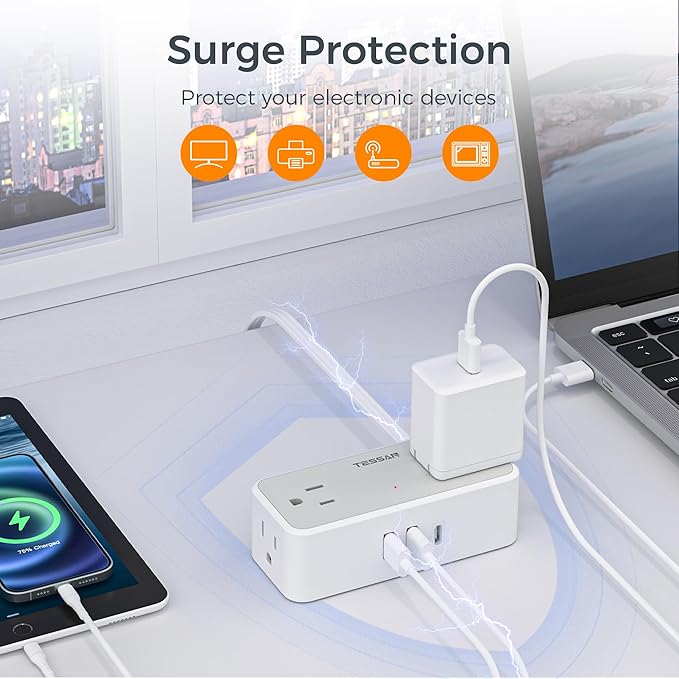 TESSAN Flat Plug Extension Cord 5 FT, Surge Protector Power Strip with 4 AC Outlets 1 USB C and 2 USB A Ports, 900 Joules Protection, Multiple Wall Outlet Extender Suitable for Home Office Dorm