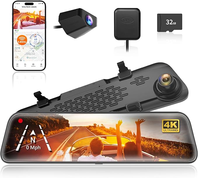 WOLFBOX G840S 12" 4K Mirror Dash Cam Backup Camera, 5.8GHz WiFi Smart Rearview Mirror for Cars & Trucks, Front and Rear View Dual Cameras, Night Vision, Parking Assistance, Included 32GB Card & GPS