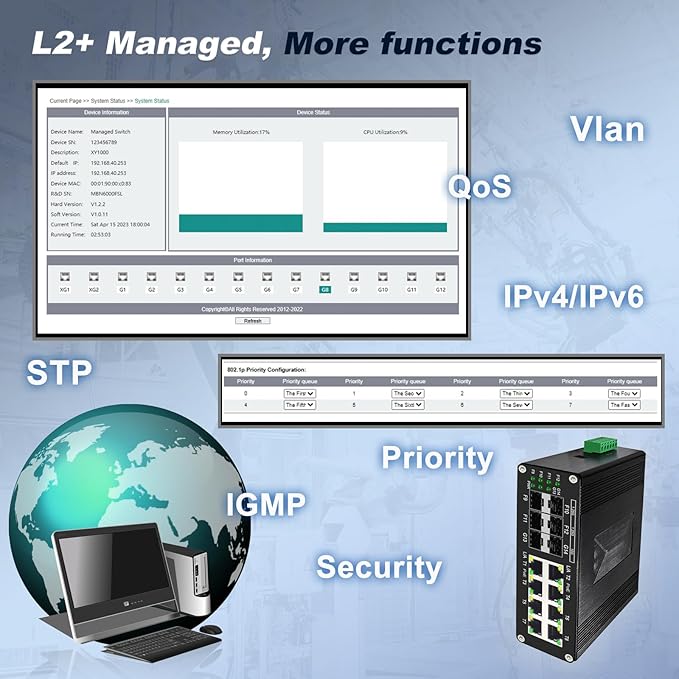 Industrial Managed 10G Ethernet PoE Switch, 2*10G SFP + Slot+4*Gigabit SFP Slot +8*RJ45 Port, PoE Networking Switch Supporting Din-Rail, 48~57VDC Power Input