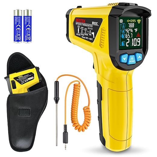 MESTEK Infrared Thermometer Temperature Gun, Non-Contact Digital Laser Thermometer with Probe for Cooking, Home and Industry Repair, Humidity Measurement, Adjustable Emissivity -58°F to 1472°F