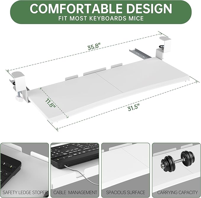 Extra Large Keyboard Tray Under Desk - Slide Out with Sturdy C-Clip Mount System, 31.5" (35.8" Including Clamps) x 11.8" Put-Out Keyboard Tray Computer Drawer for Ergonomic Typing, White