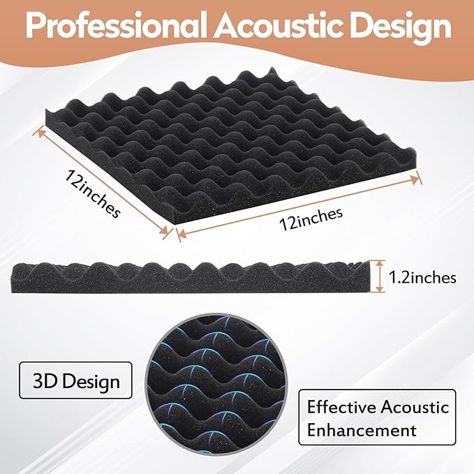 24 Pack Acoustic Panels, 12x12x1.2 Inches Egg Crate Acoustic Foam Panels, Sound Proof Foam Panels Noise Reducing for Walls and Ceiling, Acoustic Foam Panels Sound Absorbing, Soundproof Wall Panels
