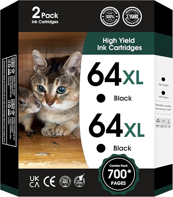 64XL Black Ink Cartridges Black Compatible for HP 64 XL High Yield Replacement for HP Printers 7858 7855 7120 7155 7158 7164 6255 6252 6232 Envy Inspire 7955e Tango X Printers