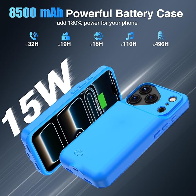 GIN FOXI Battery Case for iPhone 17 Pro, Charging Case Charger 8500mAh Ultra-Slim Lightweight Powerful Battery Pack 15W Fast Rechargeable Anti-Fall TPU Juice Box for iPhone 17 Pro (6.3") Blue