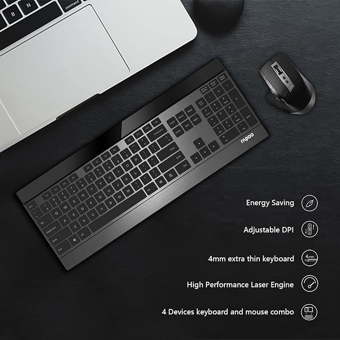 RAPOO Wireless Keyboard and Laser Mouse Combo,Multi Device (Bluetooth 4.0+3.0+2.4G) Keyboard and Mouse Set,Ultra-Slim Computer Keyboard Compact Design for Windows/Android/Mac OS