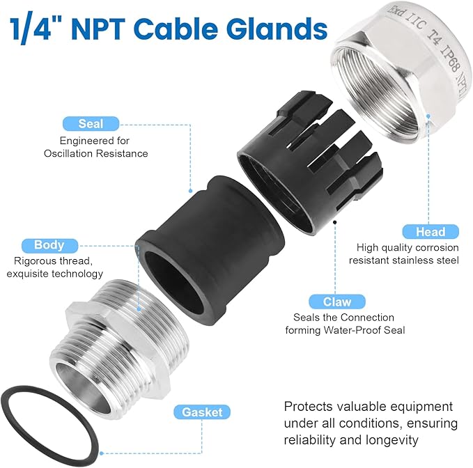 2 Pcs 1/4" NPT Stainless Steel Waterproof Cable Gland, IP68 Waterproof Adjustable Cable Glands, Strain Relief Cord Grip Connectors with Gaskets and Locknut for 4-8mm Cable Diameter