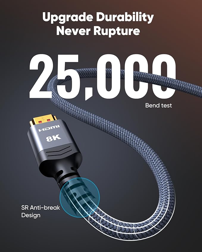 Highwings Long 8K HDMI Cable 25FT 48Gbps, 2.1 High Speed Gaming Cord 4K@120Hz 8K@60Hz RTX 3090 eARC 3D Compatible for PS5, UHD TV and Blu-ray Player