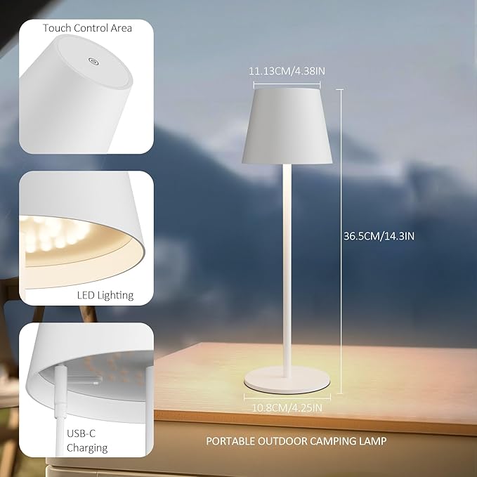 2-Pack White Cordless Table Lamp,Rechargeable LED Desk Lamp,5000mAh Battery Operated Lamp,3000K Warm Light Stepless Dimming,IP54 Waterproof Portable Table Light for Restaurant/Camping,White