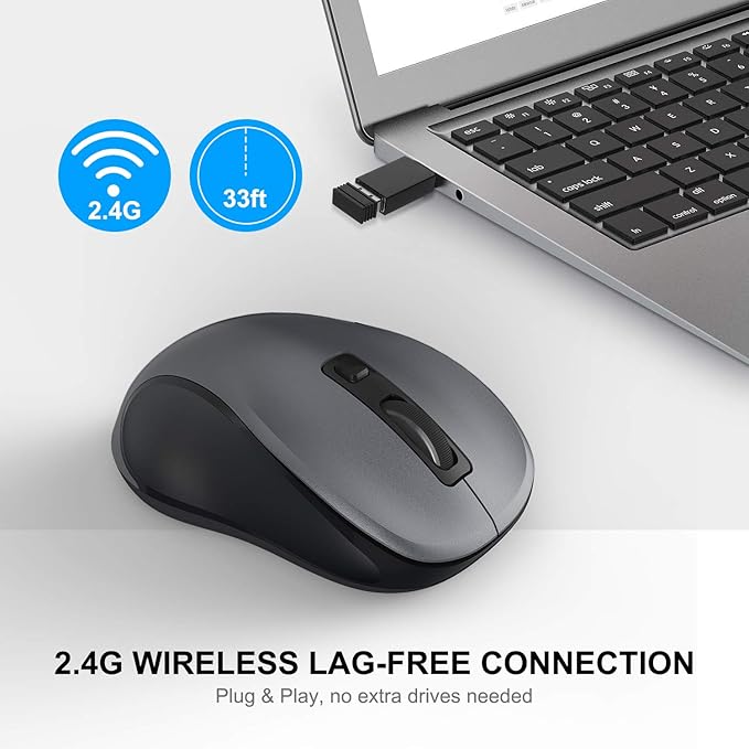 WisFox 2.4G Wireless Mouse for Laptop, Ergonomic Computer Mouse with USB Receiver and Type-C Adapter, 3 Adjustable Levels, 6 Button Cordless Mice for Windows Mac PC Notebook (Grey and Black)