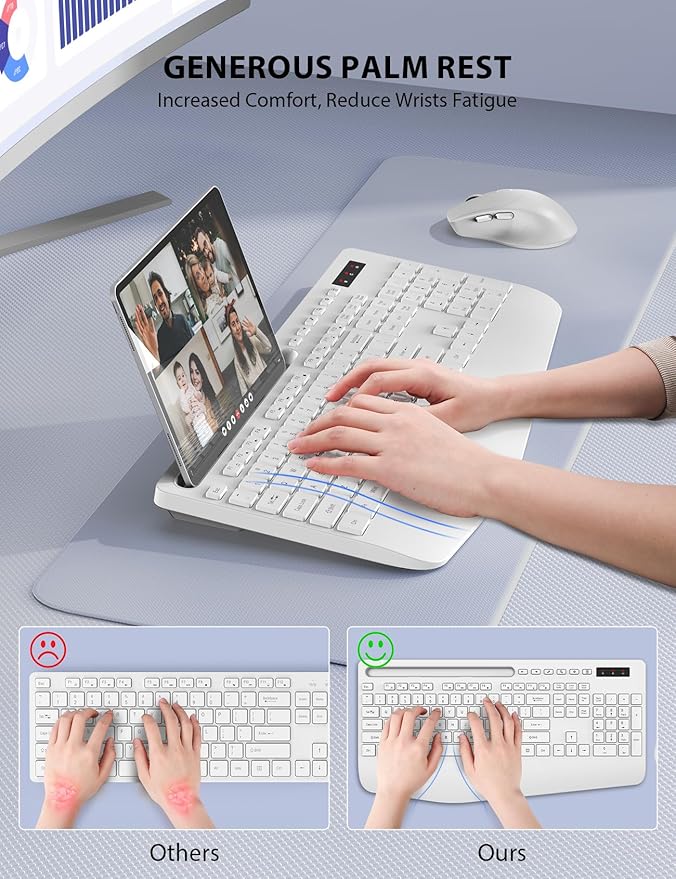 Wireless Keyboard and Mouse Combo - Full-Sized Ergonomic Keyboard with Wrist Rest, Phone Holder, Sleep Mode, Silent 2.4GHz Cordless Keyboard Mouse Combo for Computer, Laptop, PC, Mac, Windows,White