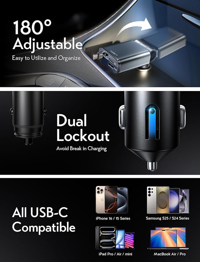 LISEN Car Charger USB C Fast Charging Retractable,【75% Less,Ultra Mini】 57W Fast iPhone 16/15 USBC Type C Car Charger Retractable for iPhone 16e 16 15 Pro Max Plus，Samsung Galaxy S25/24，Android,Black